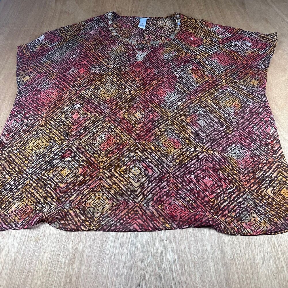 Catherines Sheer Geometric Print Blouse Women's 2X 22/24W Beaded V-Neck